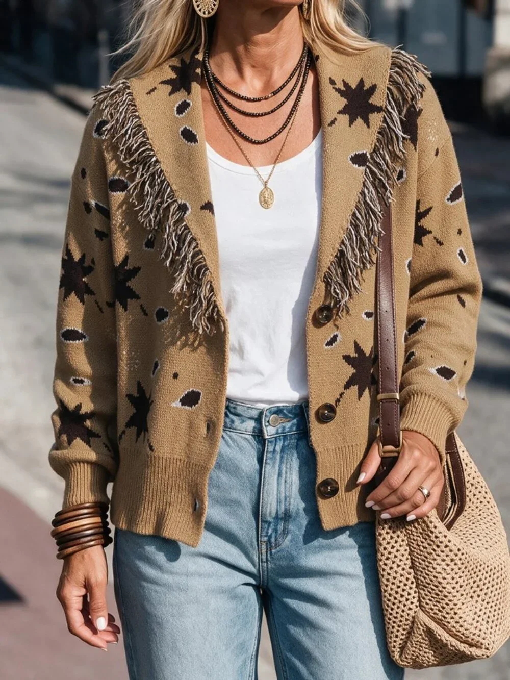Brown Casual Women's Vacation Tassel Decor Cardigan